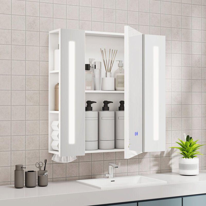 Armoire à pharmacie à DEL avec lumières - 3 couleurs de couleurs et gradation continue, miroir anti-buée, tablettes réglables, porte à fermeture en douceur, porte-papier hygiénique intégré