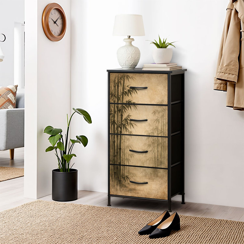 Commode 4 tiroirs pour chambre à coucher, commode étroite, plateau en bois et structure de bureau en fer 18 po x 37,5 po (l x H) - avec silhouette élégante de forêt de bambou sereine