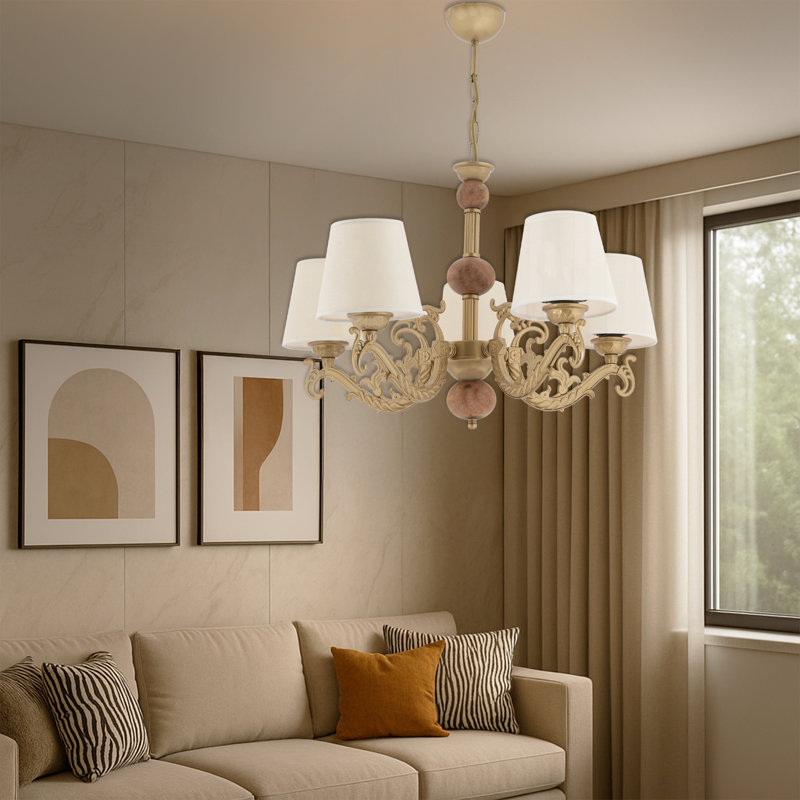 Lustre classique / traditionnel 5 lumières, Or/brun, Crème, crème