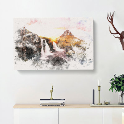 Kirkjufell Waterfalls & Mountain Watercolour - Wrapped Canvas