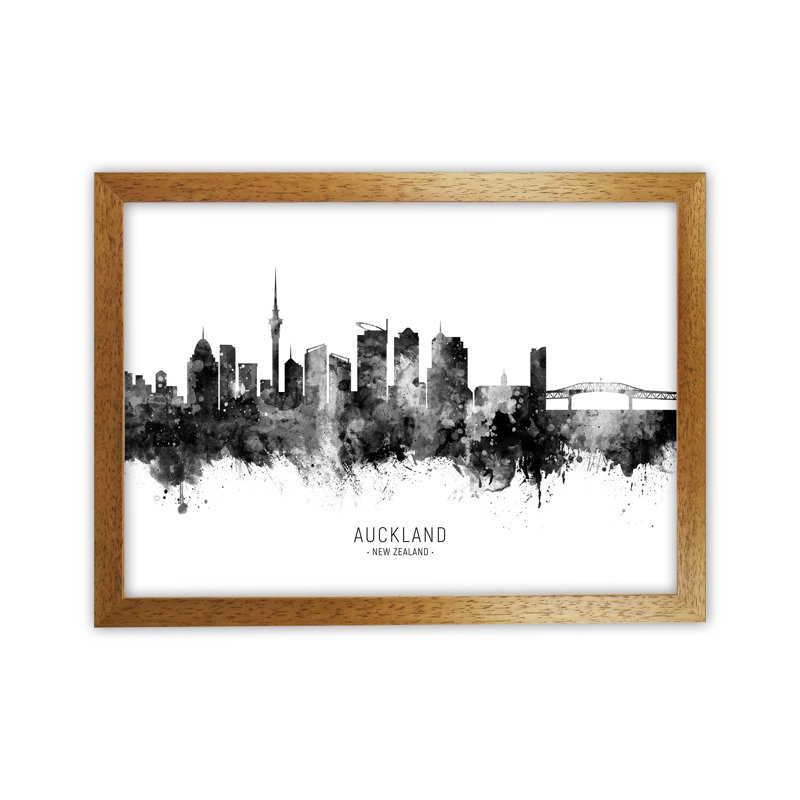 Auckland New Zealand Skyline Black White City Name by Michael Tompsett - Print, 34cm H x 46cm W x 3cm D, Brown Framed