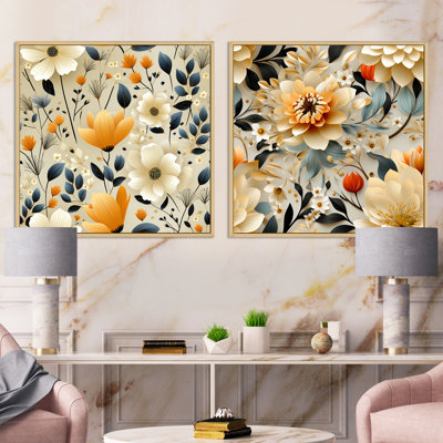 White Blossoms In Paradise III - Ensemble de 2 collages carrés botaniques abstraits