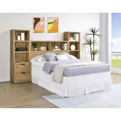 Chambre complète avec tête de lit bibliothèque en manguier, tables de chevet ouvertes, placage anti-rayures, tiroirs verrouillables, prises, étagères modernes en 3 parties, bois d'ingénierie, prise de courant sur le dessus
