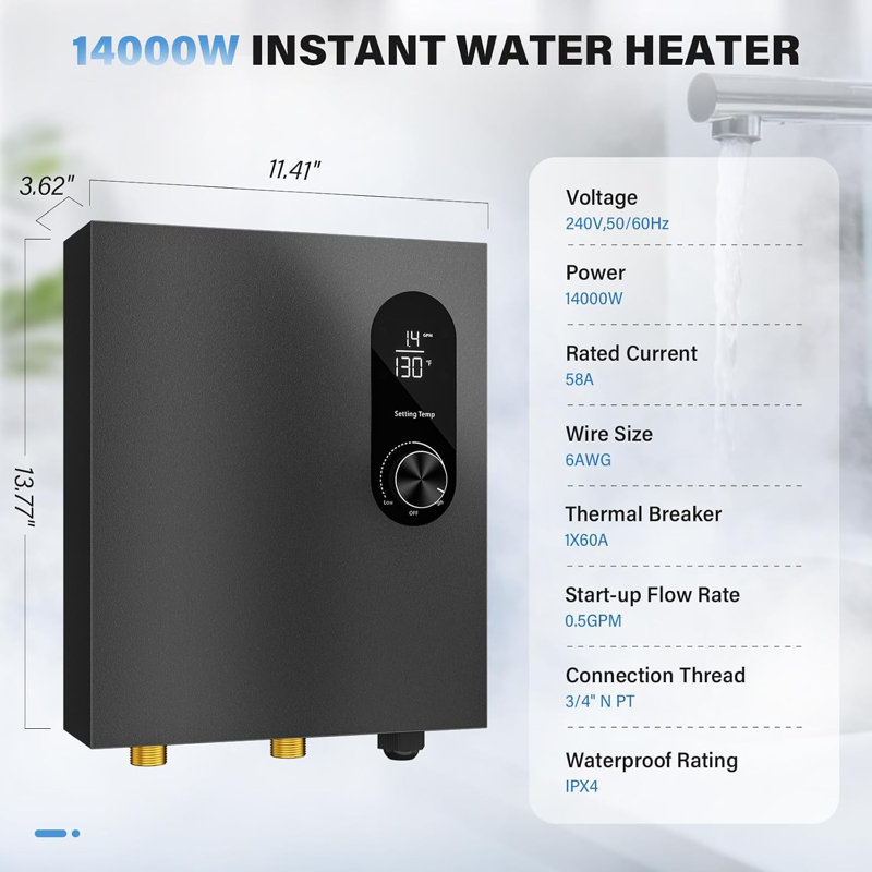 Chauffe-eau électrique instantané de 14 kW avec affichage numérique