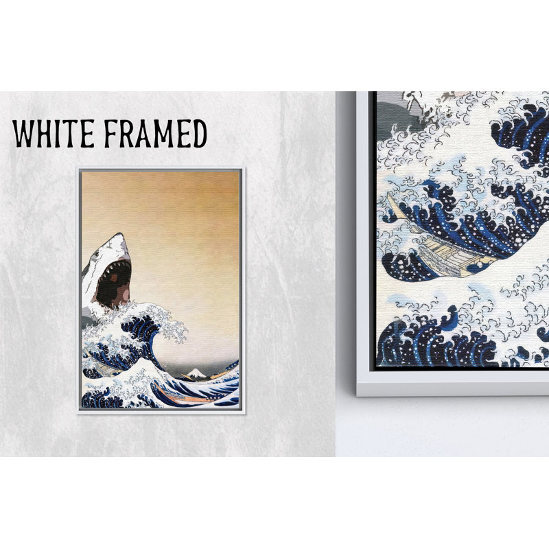 Japanese Canvas Print: Shark Wave Glass Wall Art - Printed Canvas,1P WhiteFramedCanvas, H: 39.4 x W:27.6 inches