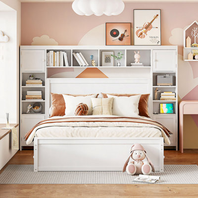 Lit en bois avec armoire, tablette et prises tout-en-un