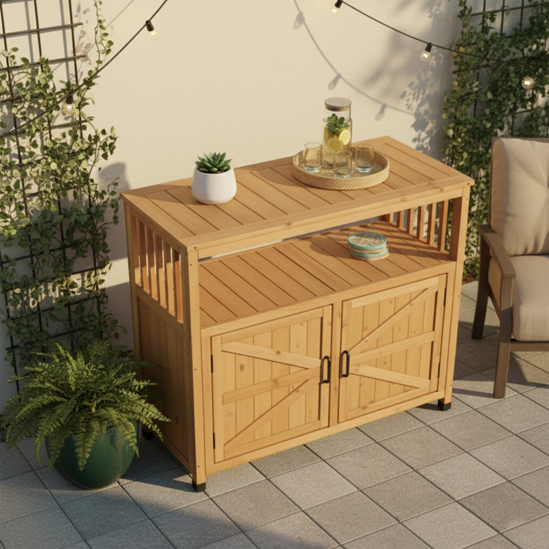 Table de bar d'extérieur de 42 po de largeur avec armoire de rangement et buffet en bois de sapin brun clair