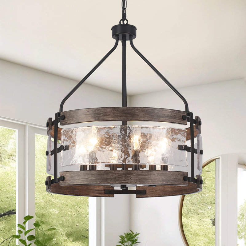 6 - Light 18.9'' Dimmable Modern Drum Candle   Chandelier With Glass Shape, Black/Wood Grain