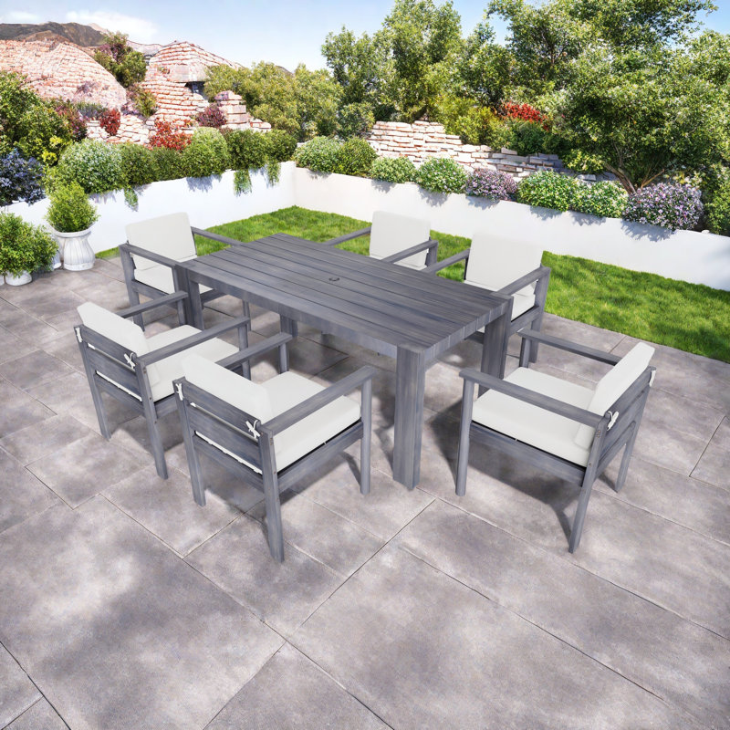 Ensemble de table de salle à manger 7 pièces pour 6 personnes, ensemble de mobilier d'extérieur avec table rectangulaire de 70,8 po, table de patio et chaises avec coussins amovibles pour la cour, le jardin et la piscine