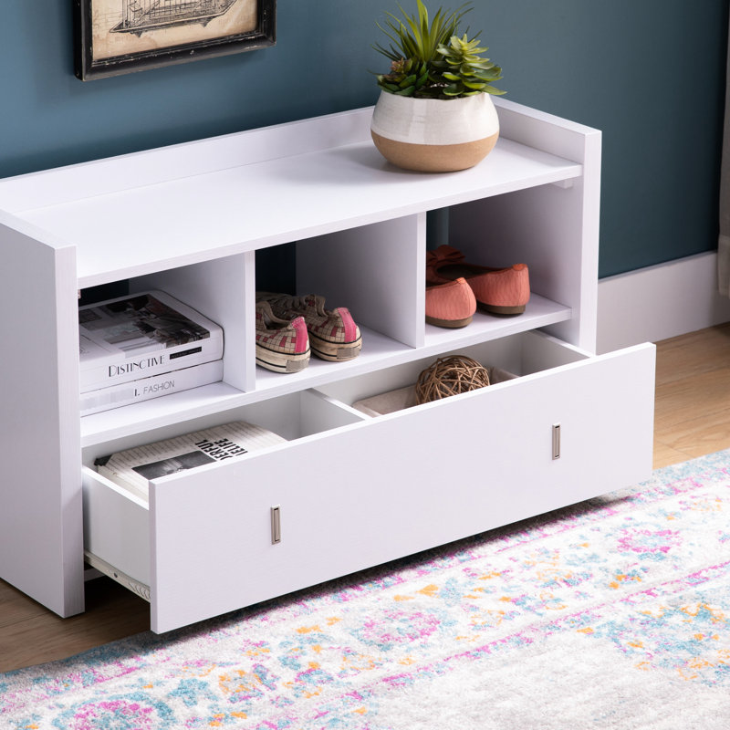 Organisateur de compartiment à chaussures avec trois tablettes et un tiroir pour le vestibule au fini blanc