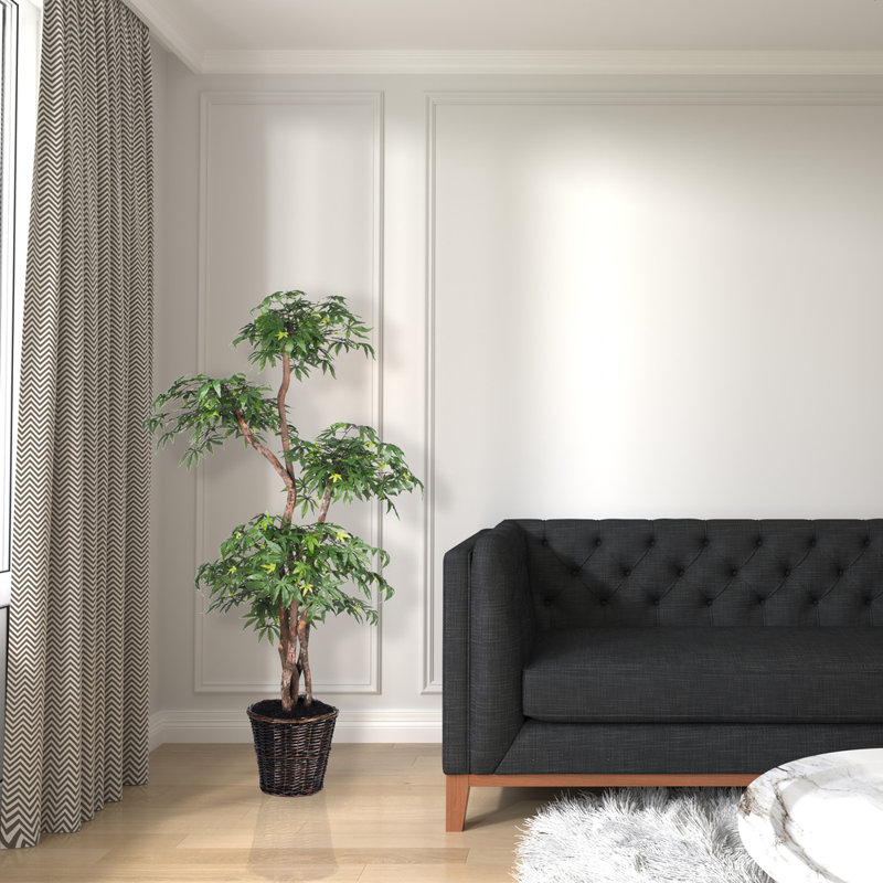 6' Artificial Multi Level Japanese Maple Tree, Rattan Basket