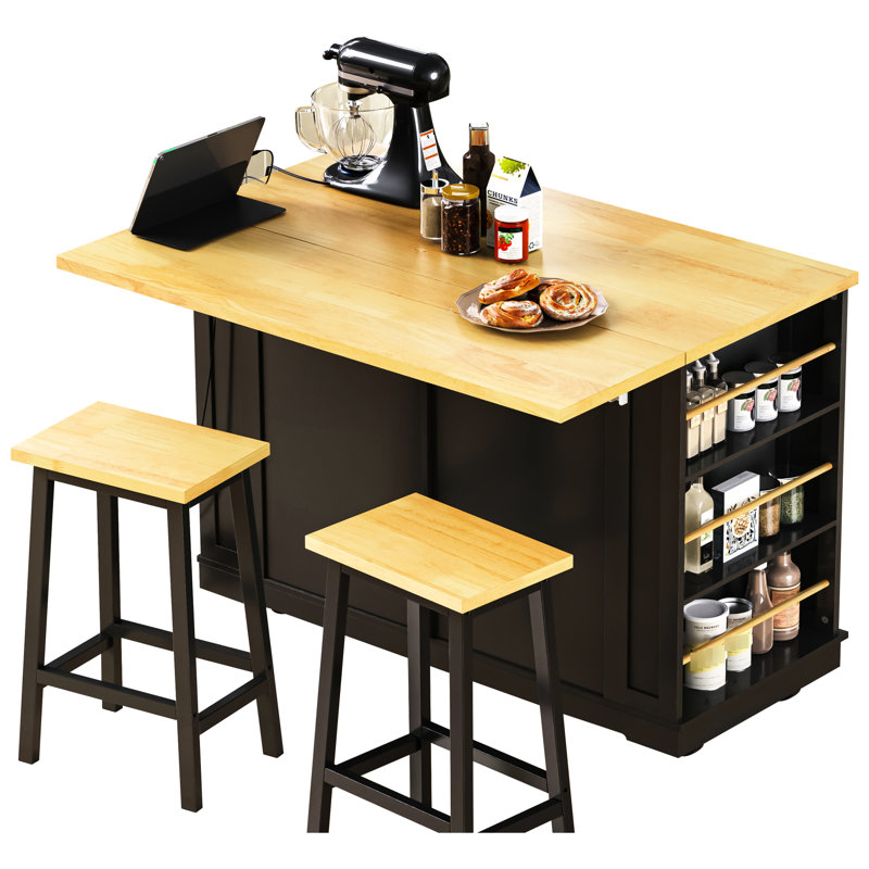 Grand îlot de cuisine de 48 pouces avec rangement interne et prise de courant. Chariot roulant pour et salle à manger, version noire Space Power. Repas à 5 roulettes, look