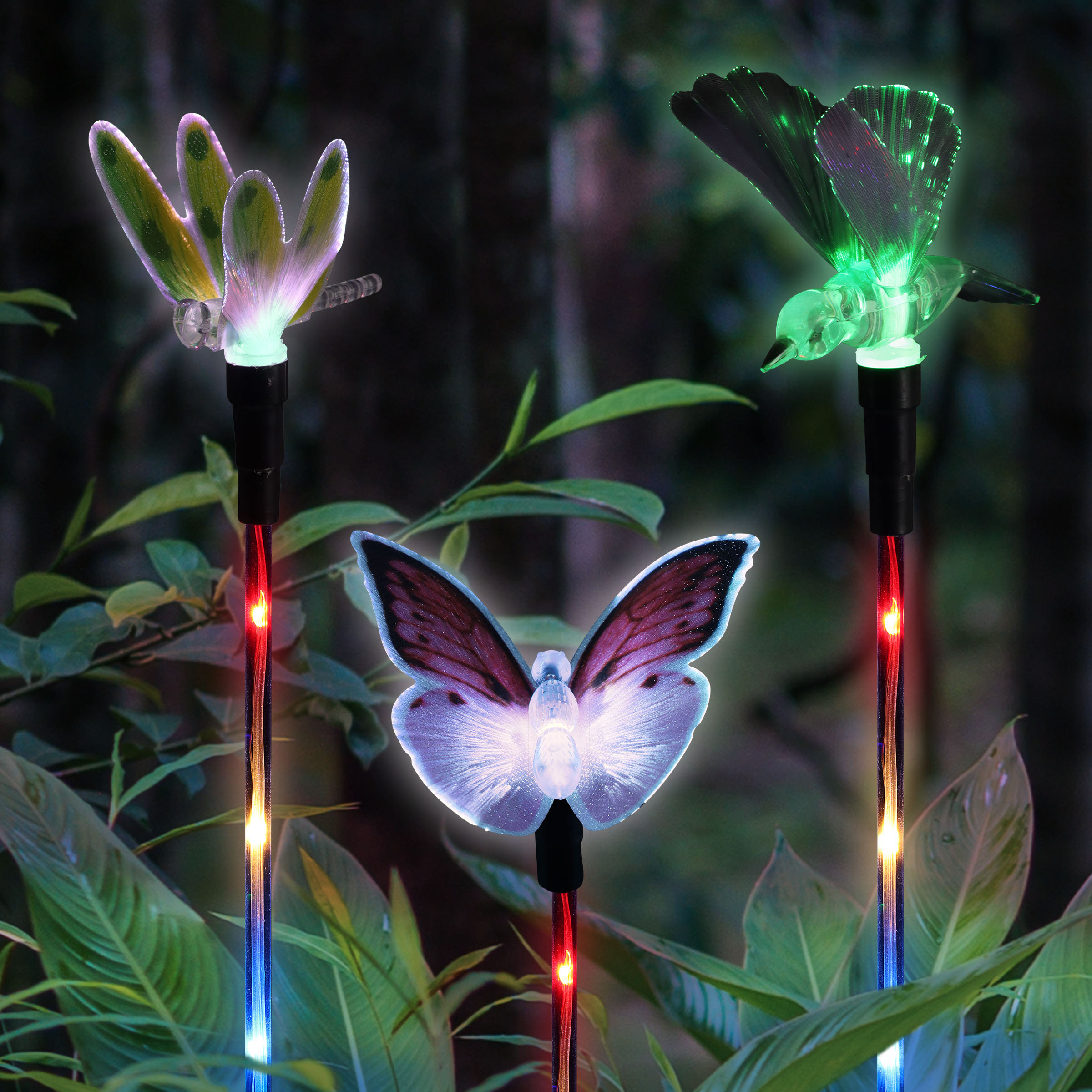 Exhart Solar Color Changing Fiber Optic Butterfly, Hummingbird and Dragonfly Garden Stakes