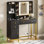 Meuble-lavabo de table en verre l 38,6 po avec tablette de présentation, coiffeuse à 4 tiroirs, miroir à lumières DEL et station de charge, noir