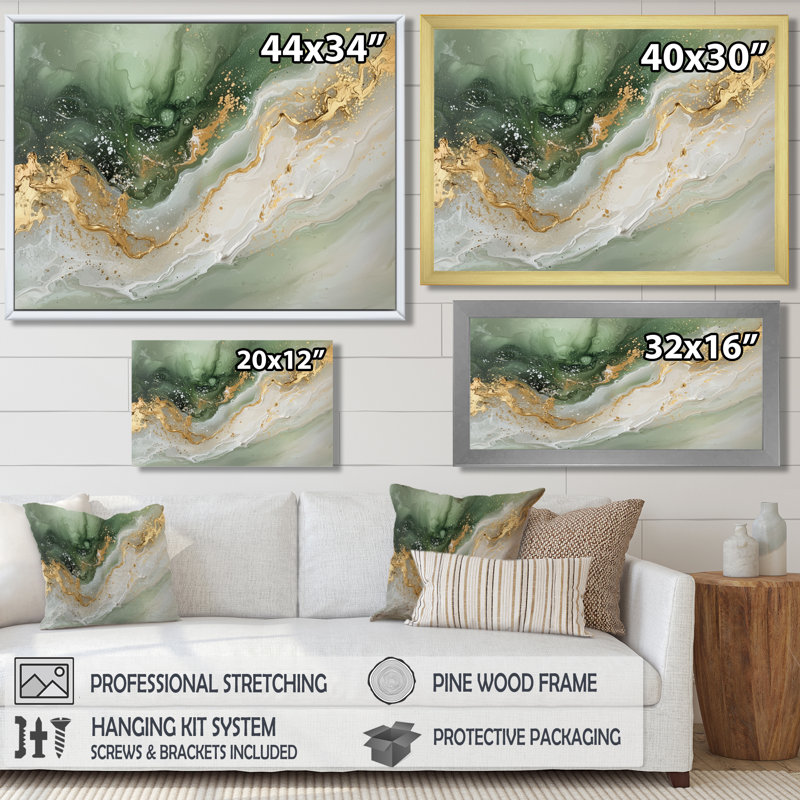 «Ephemeral Emerald Pathway To The Gemstone II», reproduction sur toile marbrée, H 28 po x l 60 po, Cadre flottant, Doré