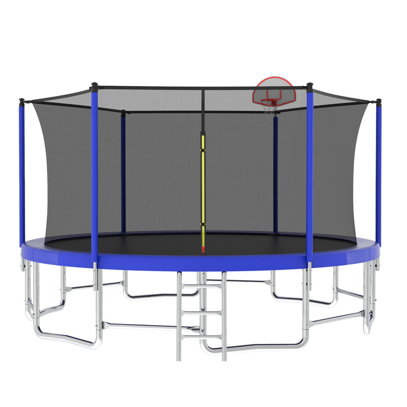 16FT Trampoline With Balance Bar  And  Basketball Hoop And Ball, ASTM Approved Reinforced Type Outdoor Trampoline With Enclosure Net