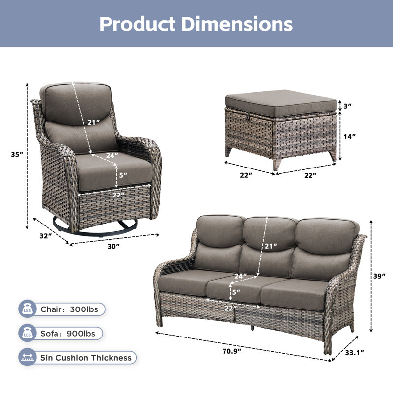 7-Piece Outdoor Wicker Patio Sofa Set With Swivel Chairs And Ottomans, Gray Cushion/Gray Frame