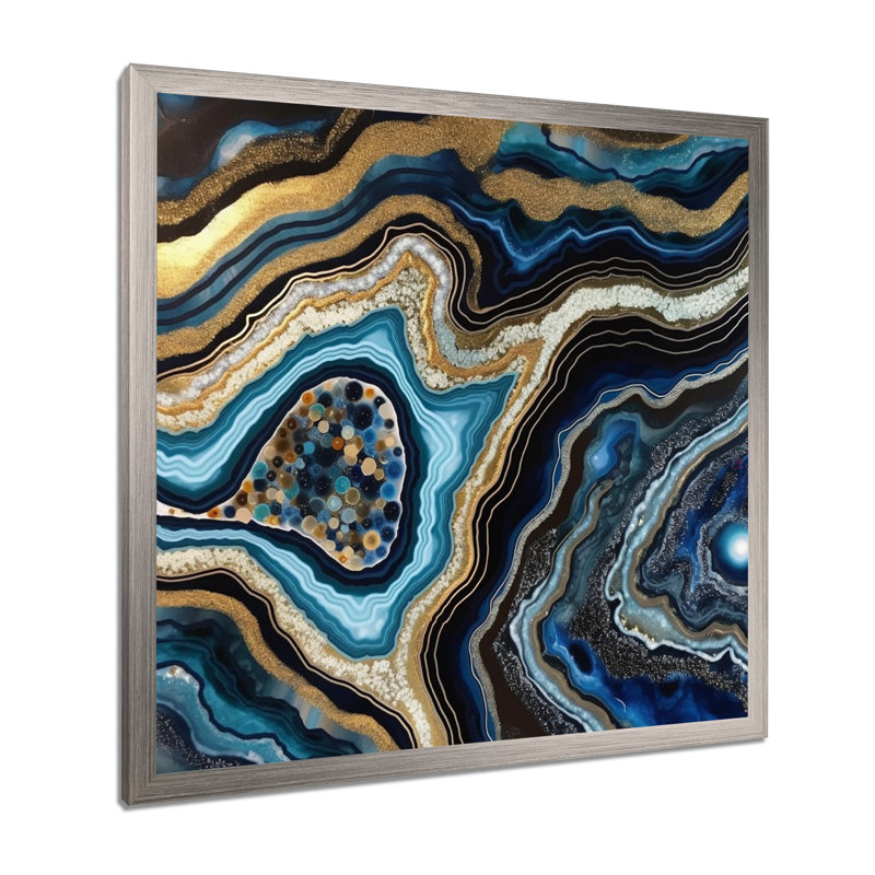 «Gold Blue Geode Gems - Stone Geode», reproduction sur toile encadrée, Cadre simple argenté, H 36 po x l 36 po x P 1,5 po