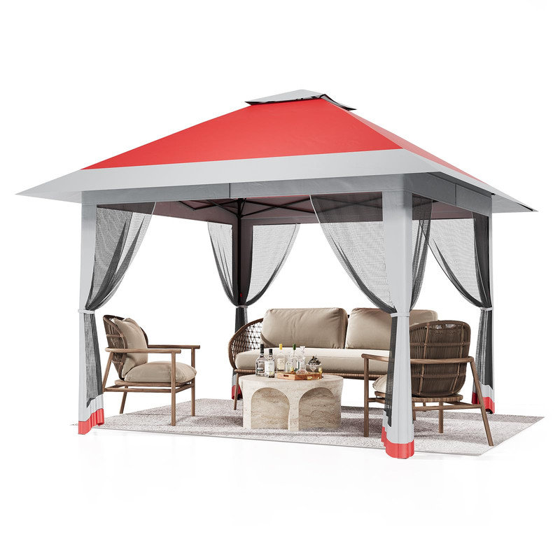 4m x 4m Pop Up Gazebo with Mosquito Net, Waterproof Double Roof Garden Shelter with Carry Bag, Red