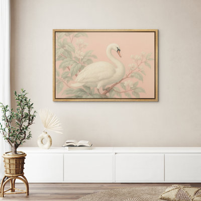 Art mural encadré cygne blanc sur fond rose pastel - Illustration d'oiseau romantique pour chambre de bébé ou chambre à coucher - Doux décor naturel féminin