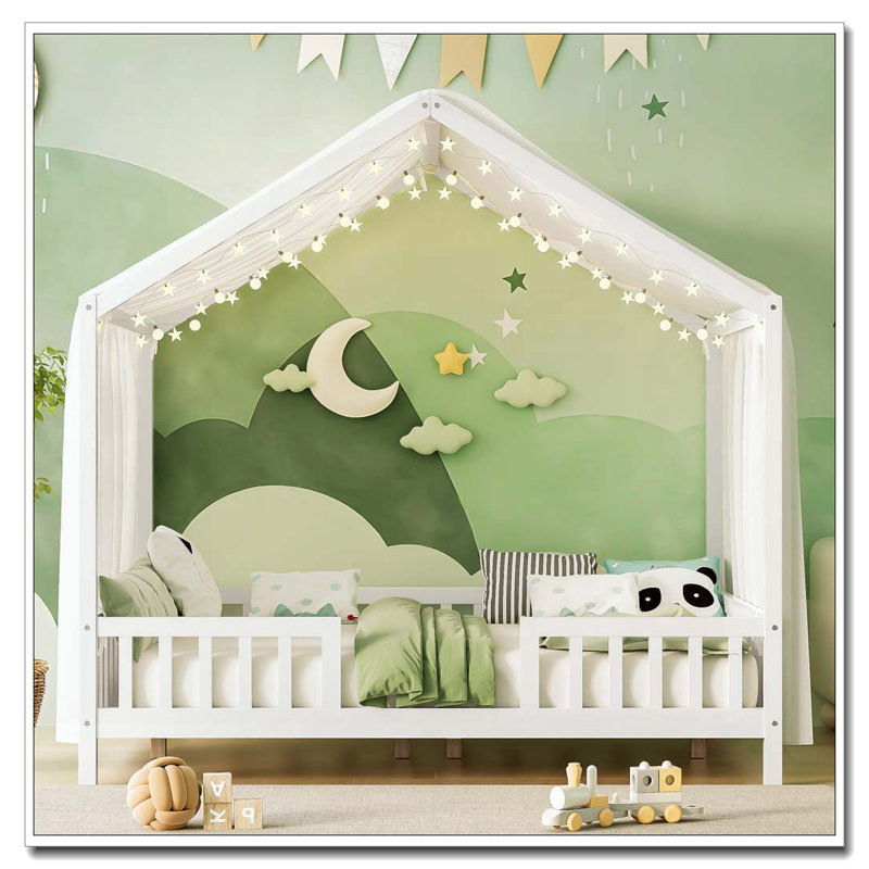 Floor Bed with Canopy, Twin Bed Frame, Natural, Twin