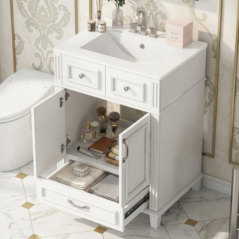Bathroom Storage Cabinet With Ceramic Sink And Soft Closing Doors, White