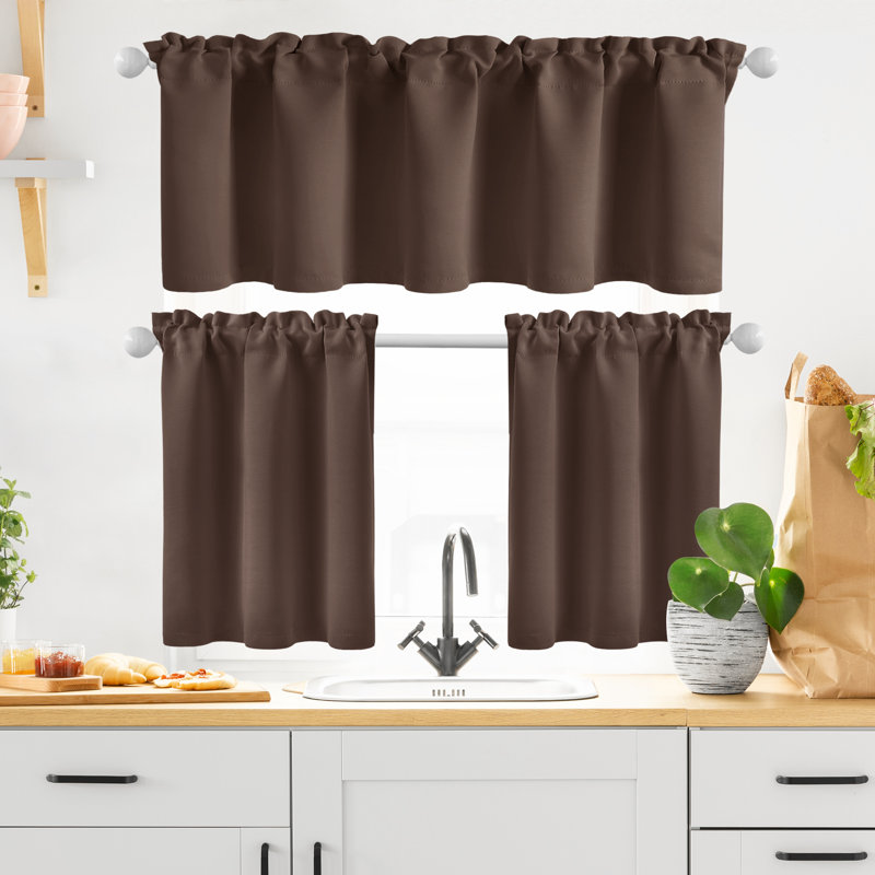 Blackout Rod Pocket Kitchen Curtain Valance and Tiers Set, 24" W x 26" L, Navy