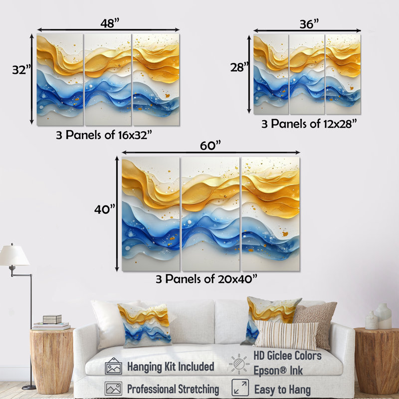 «Blue Yellow Dream Lines I», art mural vagues pour le salon, ensemble de 3, H 28 po x l 36 po, Wrapped Canvas