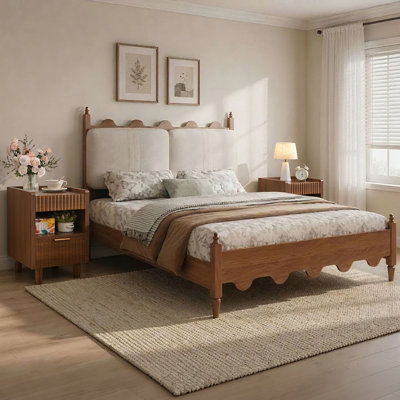 Ensemble de chambre à coucher 3 pièces : 1 lit plateforme queen avec tête de lit rembourrée en lin et coton et 2 tables de chevet