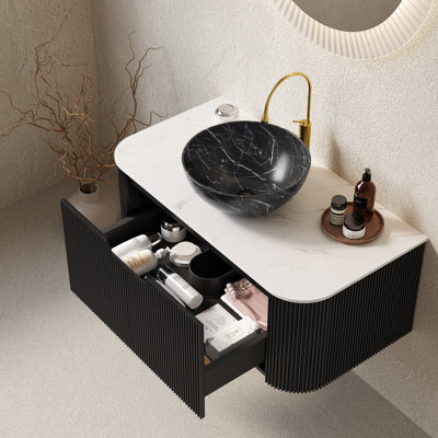 36" Bathroom Vanity With Sink, Floating Storage Cabinet, Black Bowl Ceramic Basin, Stone Pattern, Pre-Assembled, And White, 3D Striped Drawer, Smooth Soft Close, High-Strength Plywood, Easy