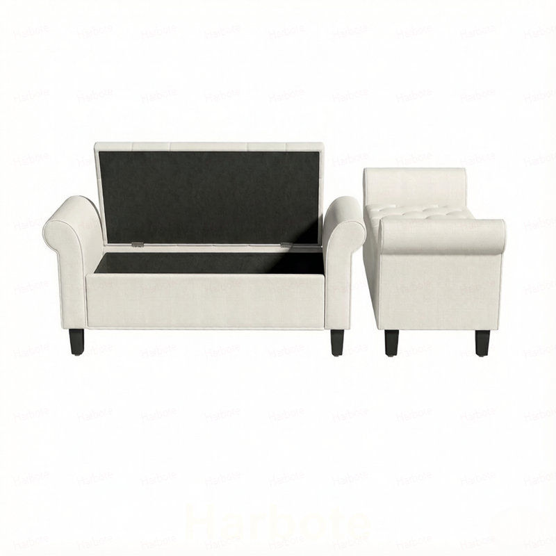 Banc de rangement capitonné avec accoudoirs arrondis, pouf de rangement avec charnière de sécurité et pieds en bois massif pour le pied de lit