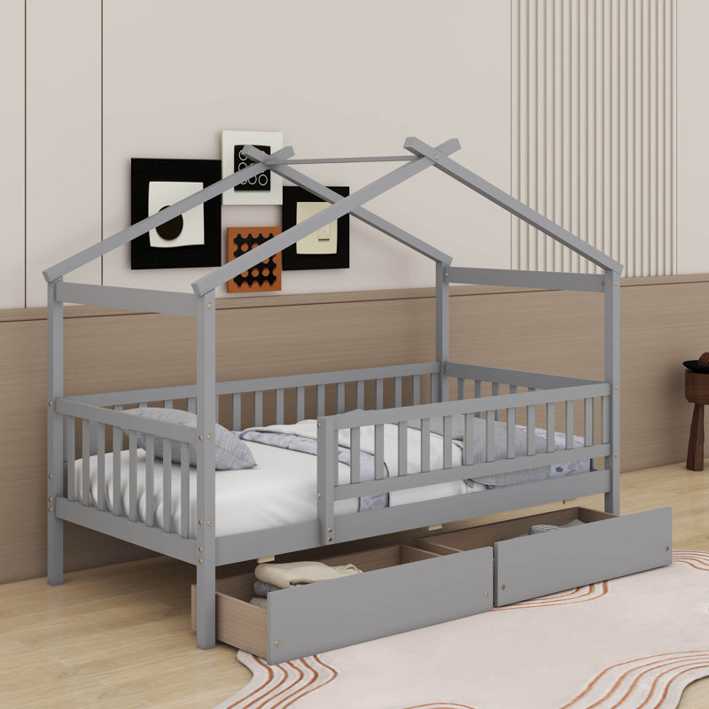 Lit simple en bois avec tiroirs, Gris