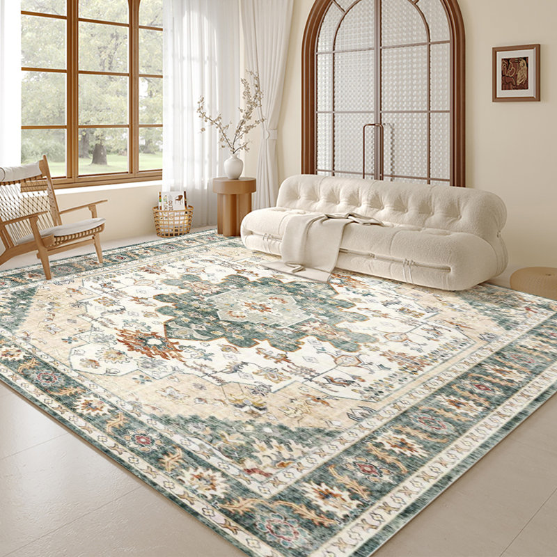 Vintage Persian Area Rug, Green Beige Floral Indoor Carpet, Washable Durable Rug for Living Room, Bedroom, Entryway, Farmhouse Decor