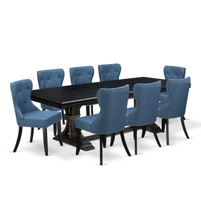 L'ensemble de table de salle à manger 9 pièces se compose d'une table de cuisine et de 8 chaises en tissu de lin bleu Mid Century Modern avec dossier capitonné - Finition sable