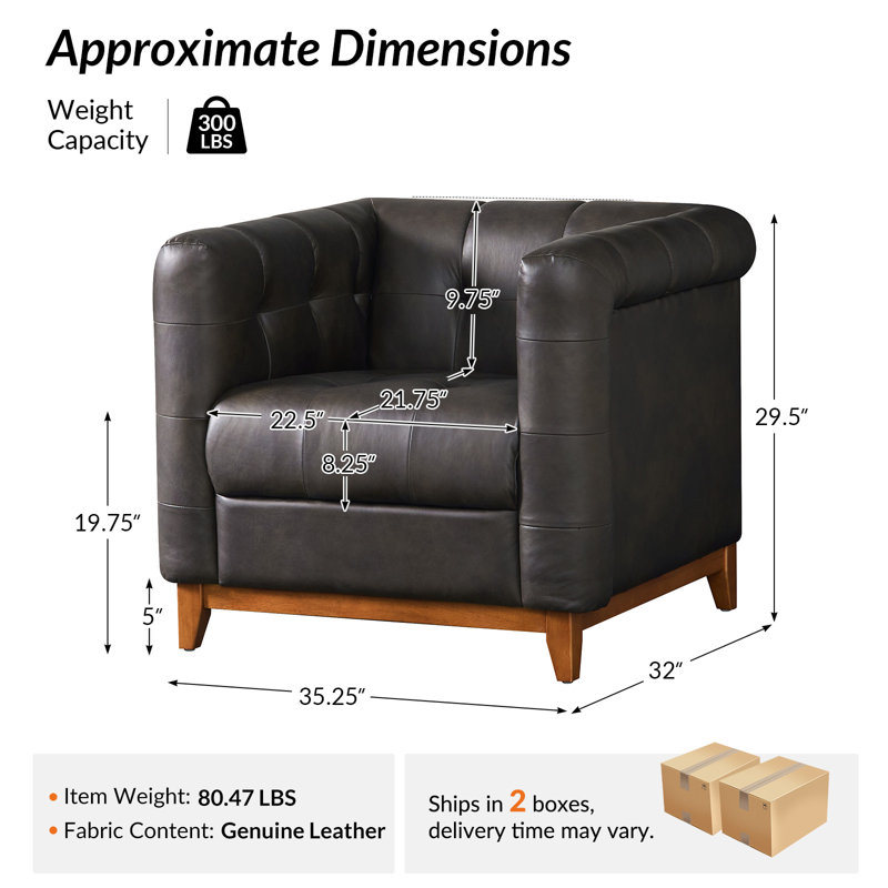 Fauteuil demi-tonneau carré en cuir véritable transitionnel de 35,25 po Natacha avec dossier capitonné, Brown