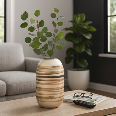 Decorative Striped Rounded Glass Vase for Table Home Decor - Modern Tall Flower Vase for Tabletop, Shelf, or Console Display - Gold & Metallic