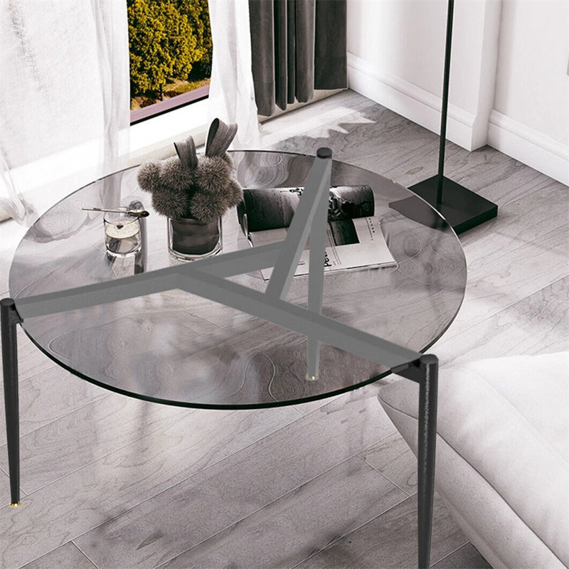 Table basse grise simple à trépied ronde, verre trempé / finition noire, gris