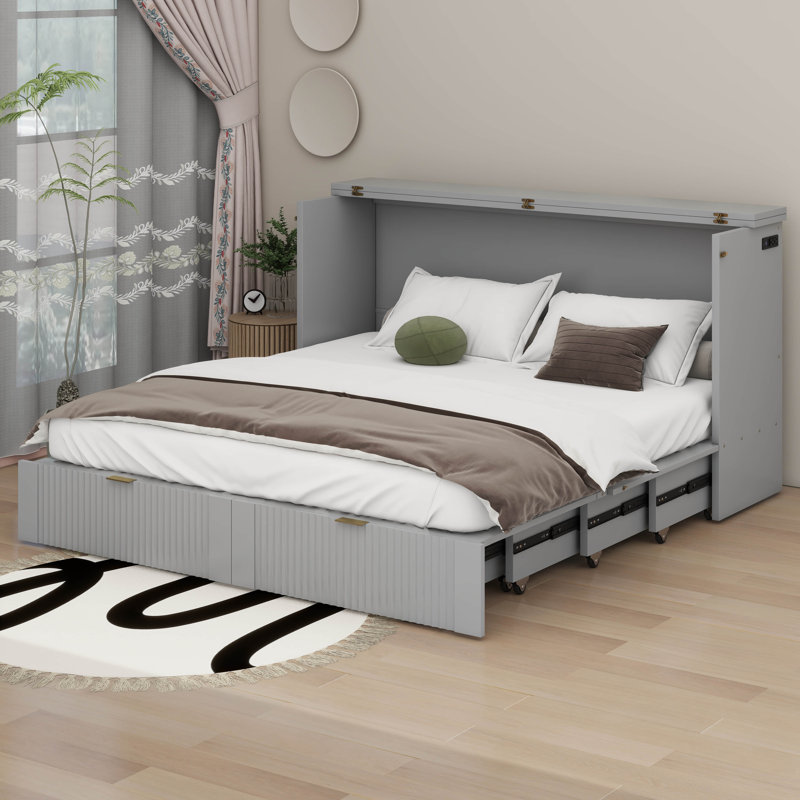 Murphy Bed Wall Bed With Drawer And USB Ports, Pulley Structure Design, Gris, Double