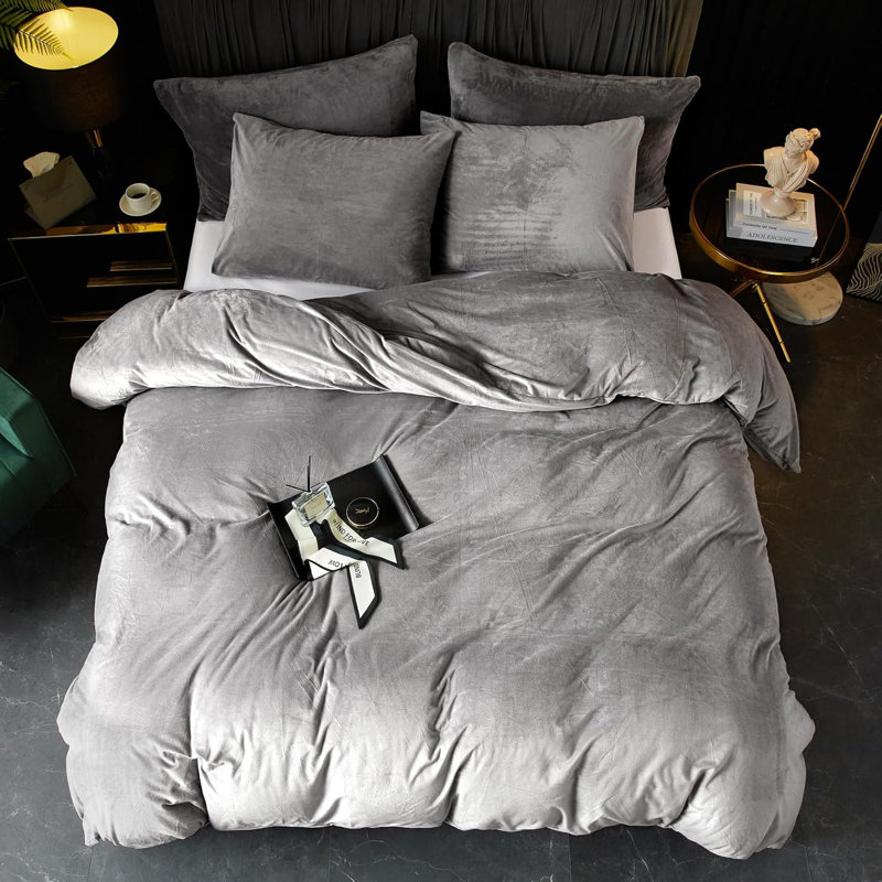 Velvet  Duvet Cover Set 3Pcs Luxury Comforter Cover, Queen Duvet Cover + 2 Standard Pillowcases, Gray