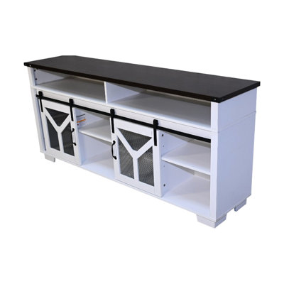 Meuble télé de 64,19 pouces avec éclairage DEL, porte coulissante de style grange, structure métallique ajourée et ornement en Y, couleur noyer blanc, pour téléviseurs à écran plat de 60 à 69 pouces, système d'éclairage élégant, structure métallique, décoration.