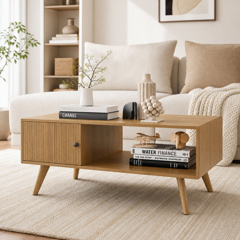 Table basse Neil de 43 po avec rangement Neil, Bois de chêne