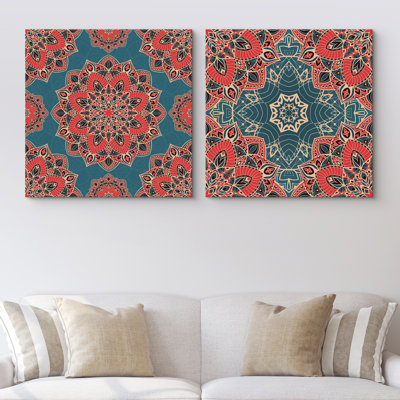 Mandala Variety Red and Teal Exquisite Pattern Artwork On Canvas 2 Pieces Print Mandala Wall Art
