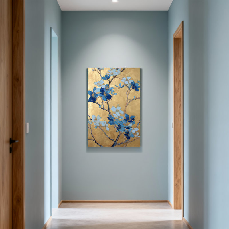 Plantes et fleurs, fleurs bleues sur fond doré, reproduction d'art, H 12 po x l 18 po