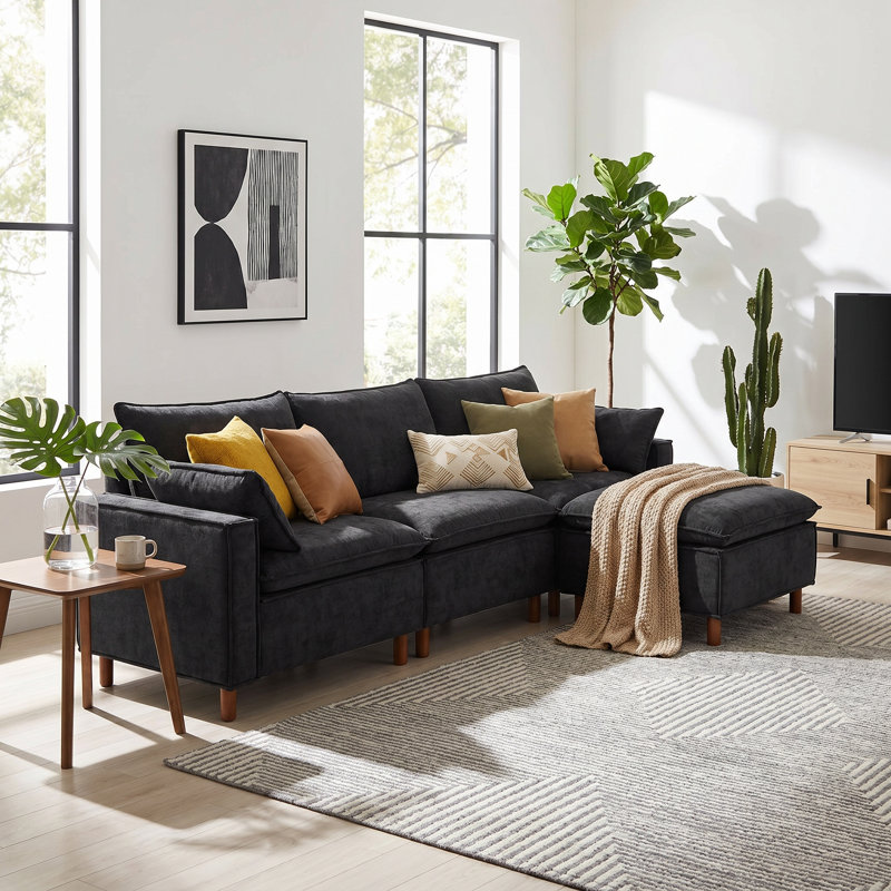 Canapé modulaire en L 108,5 po avec repose-pieds mobile, canapé-lit en chenille rembourré 3 places avec ressorts ensachés pour le salon, l’appartement et les grands espaces