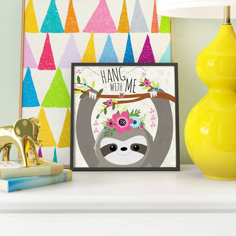 «Rivesville Hang with Me», art paresseux et fleurs, H 12 po x l 12 po x P 0,5 po, Giclée encadrée noir minuit