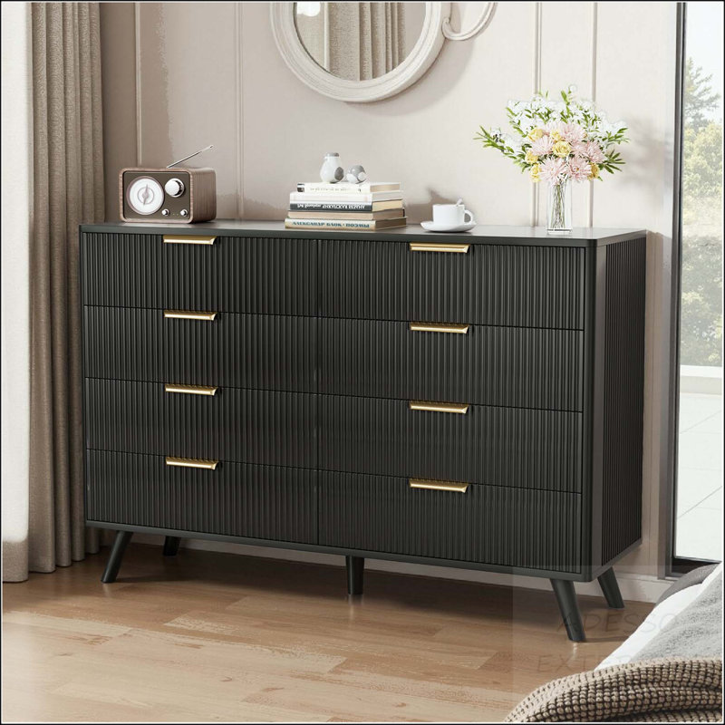8-Drawer Fluted Dresser - Compact Vertical Storage, Black