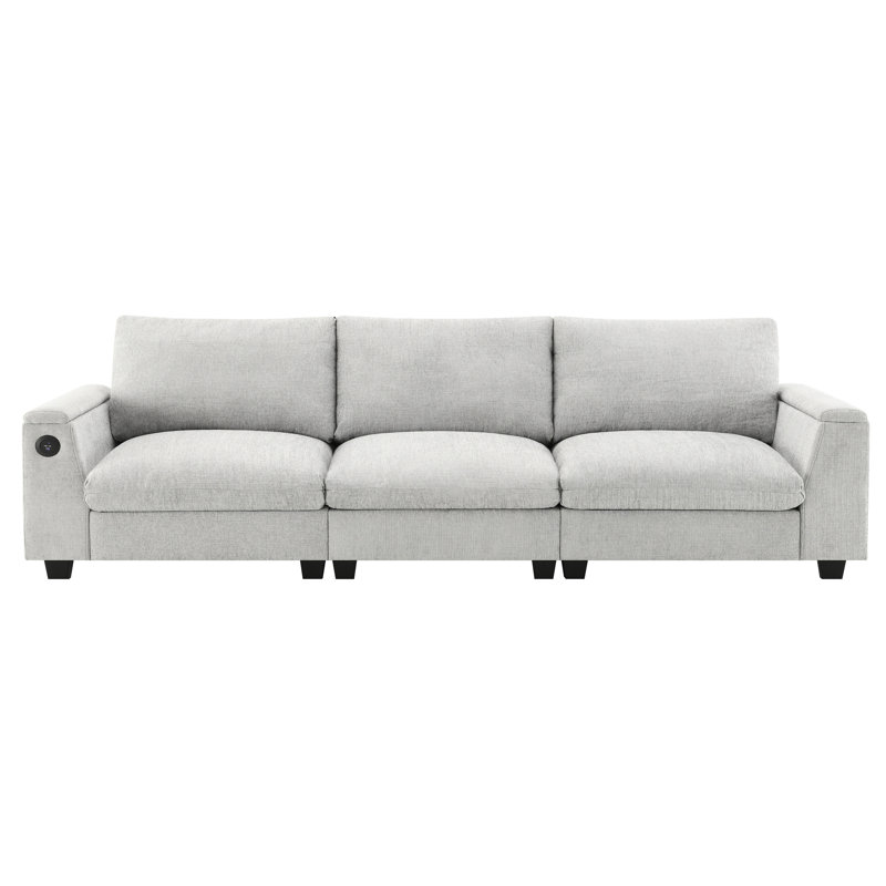 Canapé modulaire multifonctionnel en chenille avec porte-gobelets, rangement pour accoudoirs, bureau rabattable et haut-parleur