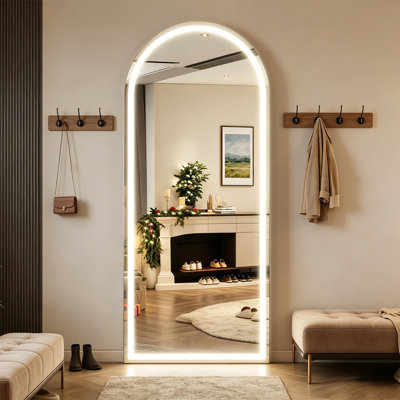 Miroir complet, miroir arqué à DEL avec température de couleur et luminosité réglables, disponible pour une installation au sol ou murale, convient aux chambres à coucher, aux vestiaires et aux salons