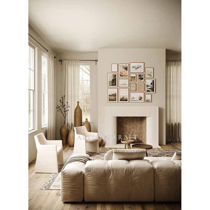 Encadrement de cheminée cannelé en pierre avec foyer Bullnose, Beige, 8 po x 65 po x 49,5 po
