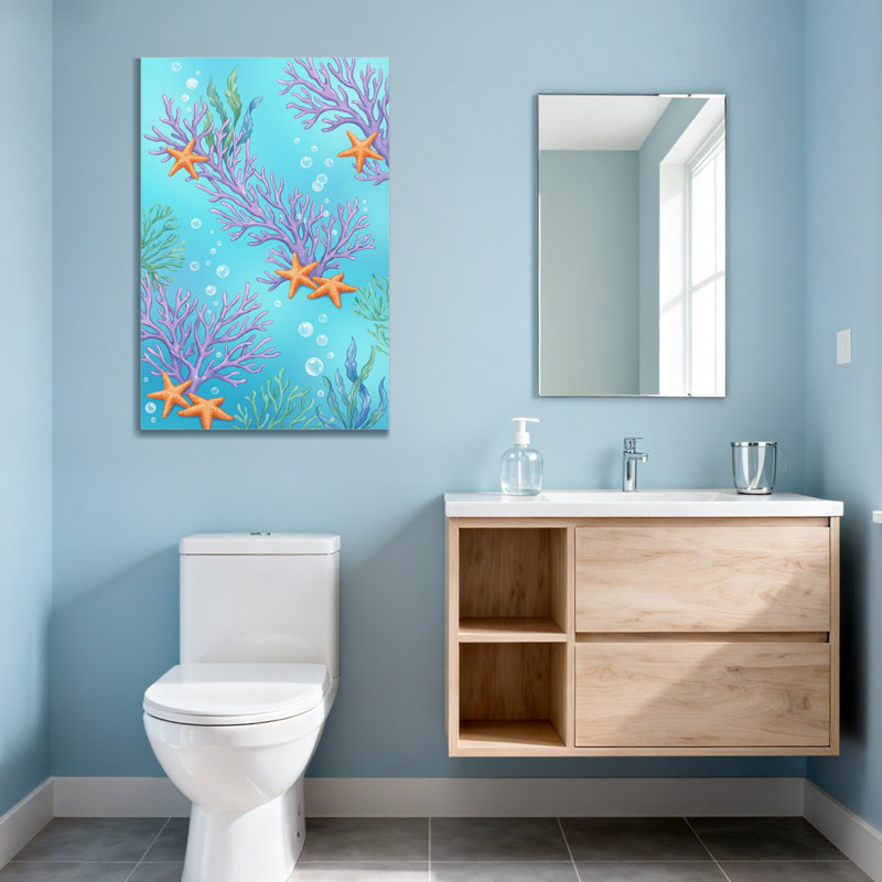 Plantes et fleurs, corail, étoile de mer, bulles, scène sous-marine, H 36 po x l 24 po